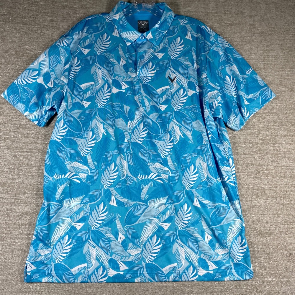 Callaway Opti-Dri Polo Shirt Men L Blue Tropical Leaf Print Performance Golf